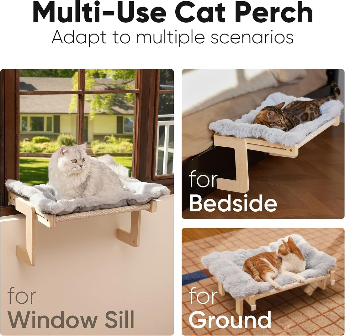 FUKUMARU Cat Window Perch, Sturdy Wood Hammock Window Bed for Indoor
