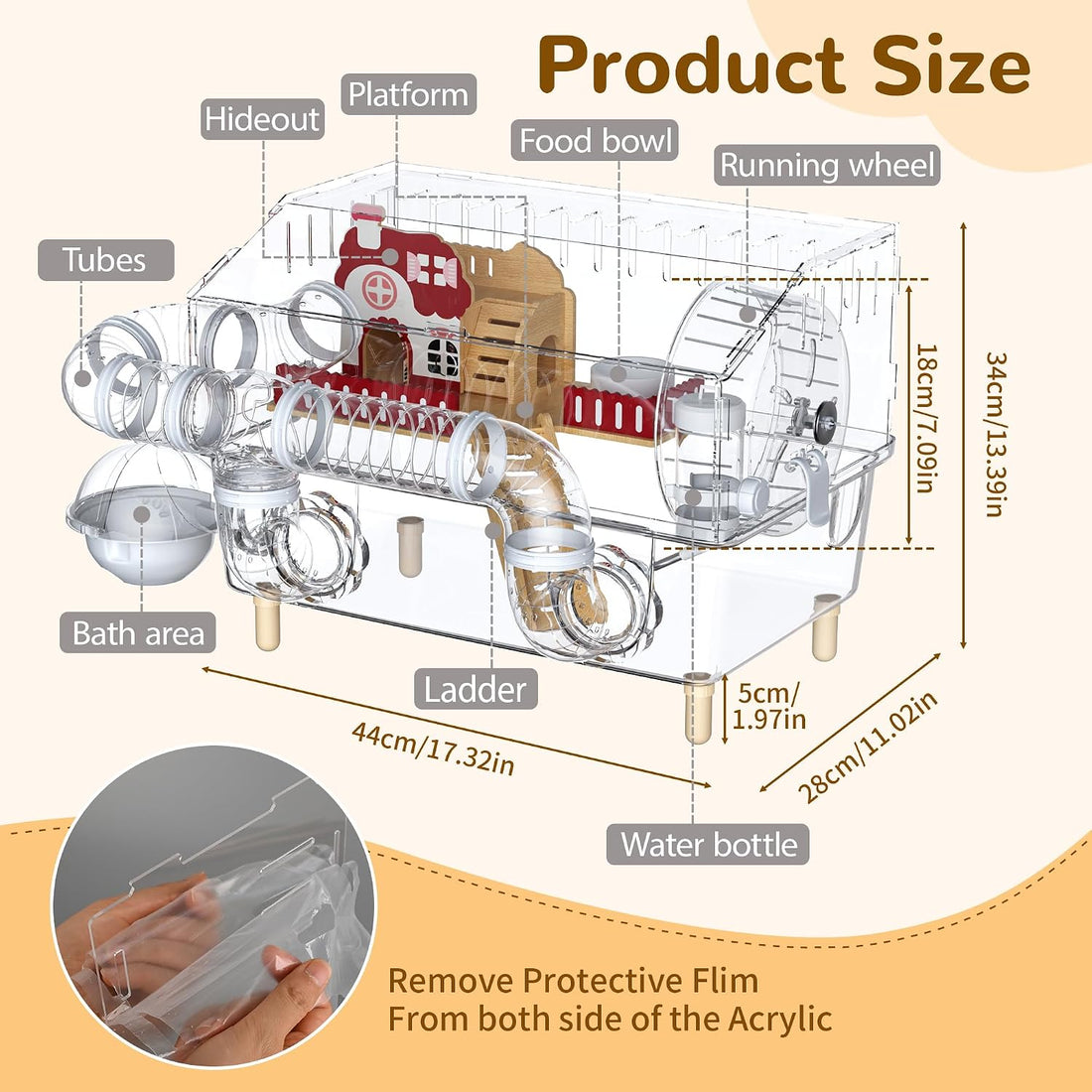 8 in 1 Acrylic Hamster Cage,2 Tier Dwarf Hamster Cage with 360°