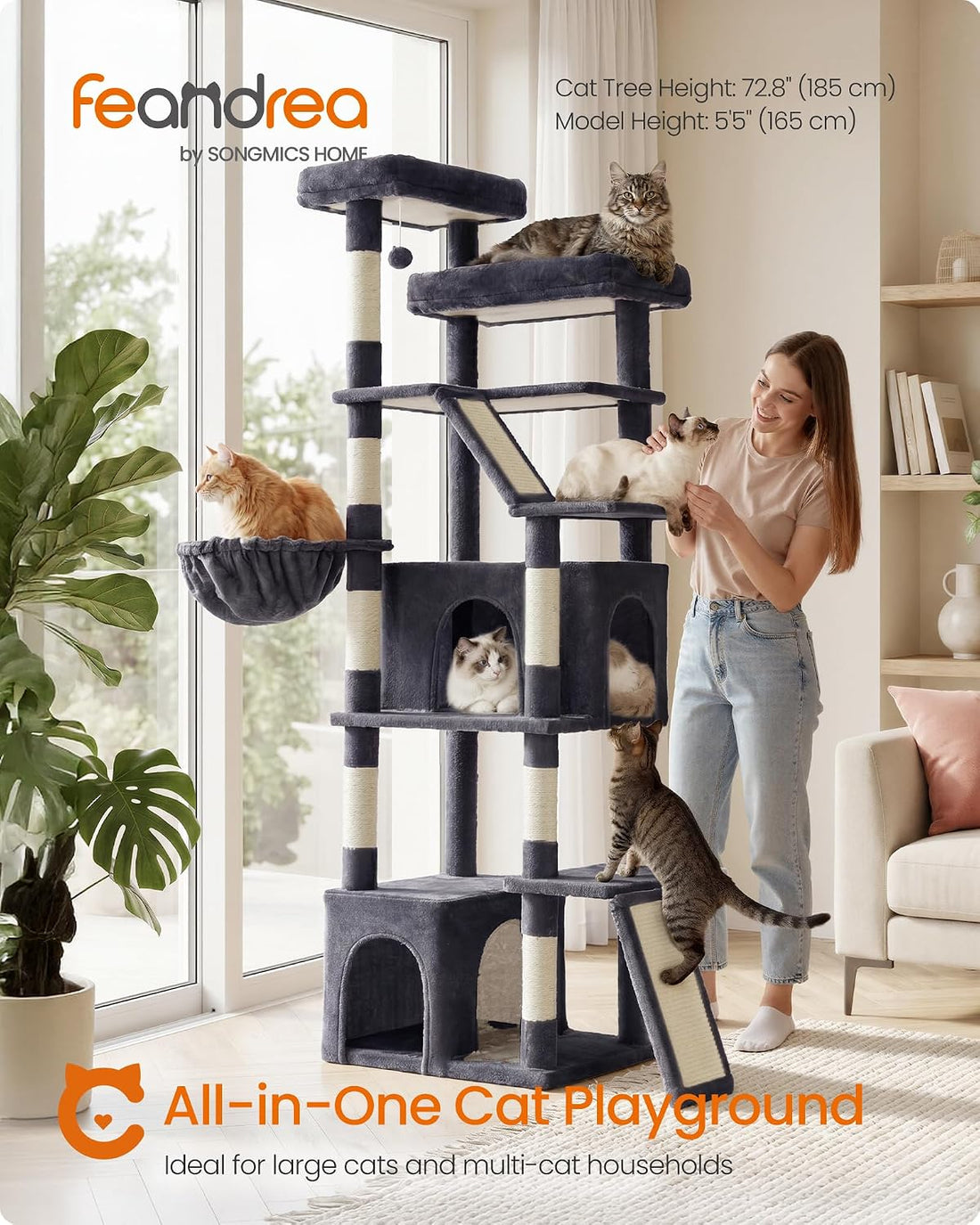 Feandrea Large Cat Tree, 72.6" Tall Sturdy Cat Tower for Indoor