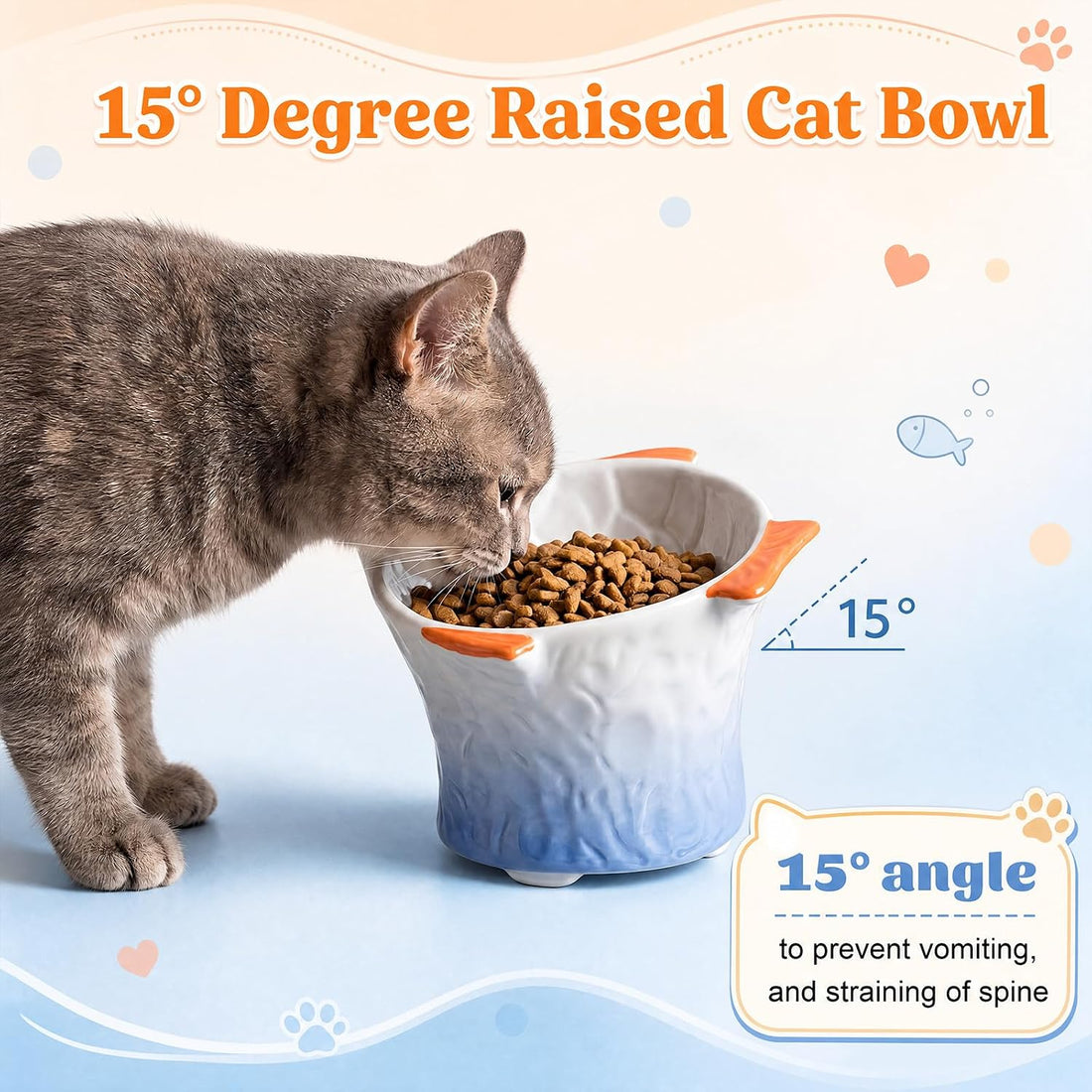 Tioncy 2 Pcs Raised Tilted Ceramic Cat Food Bowl Fish Shape Cute