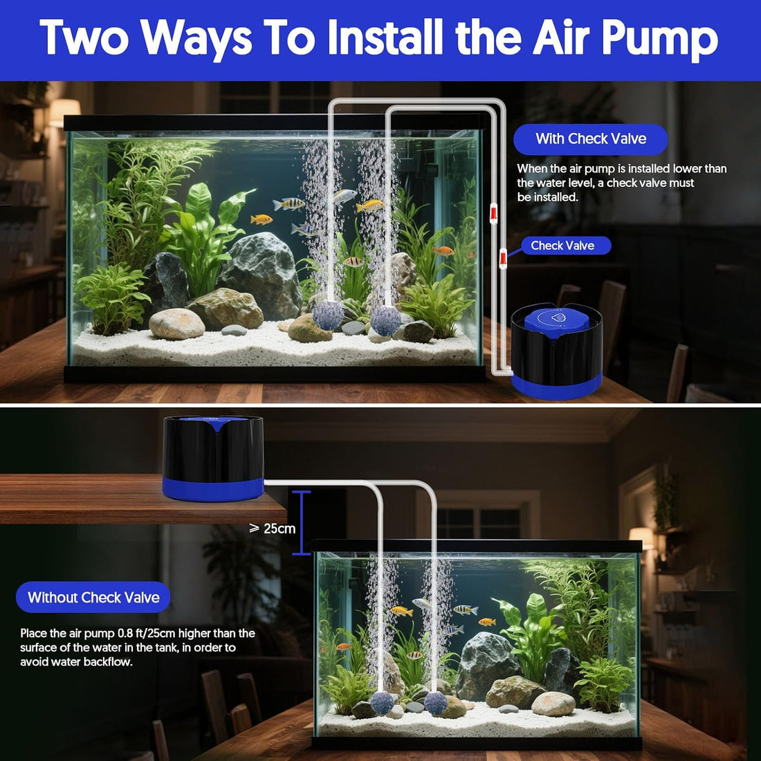 QZQ Aquarium Air Pump, Quiet Fish Tank Air Pump with Dual Outlets