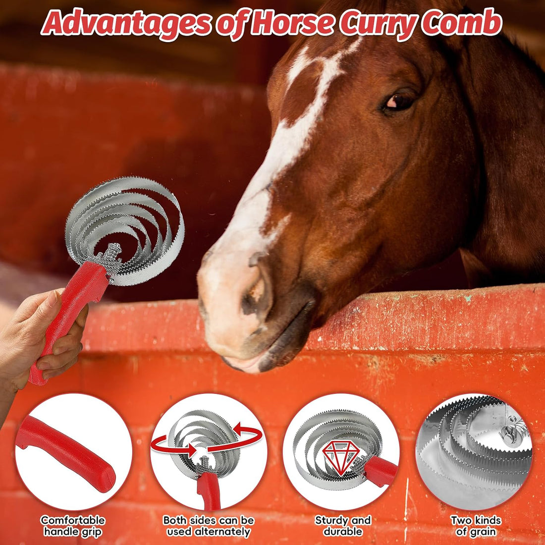 Horse Brush Reversible Stainless Steel Curry Comb with Soft Touch Grip