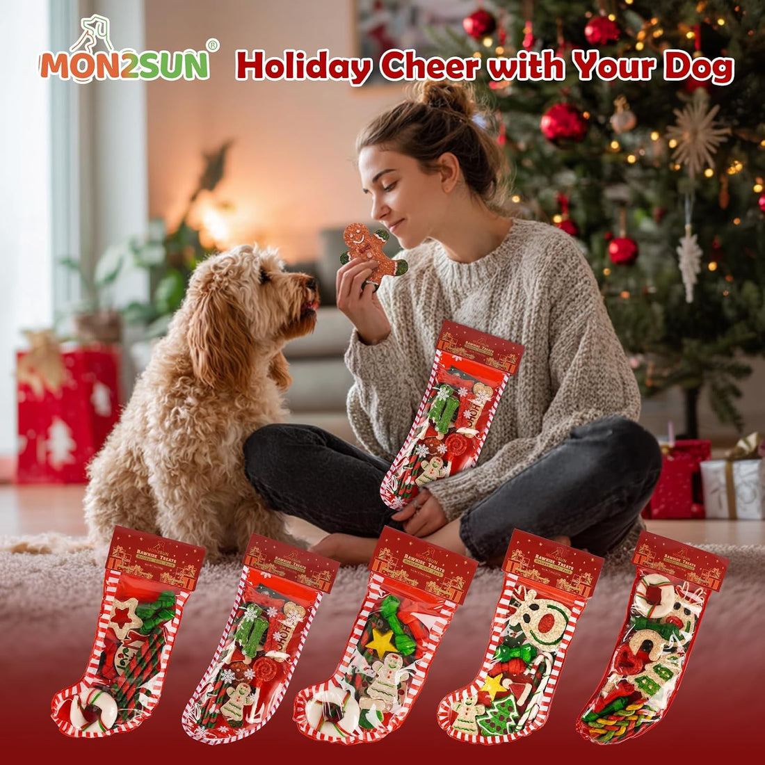 MON2SUN Dog Treats, Christmas Rawhide Stocking, 7.63oz