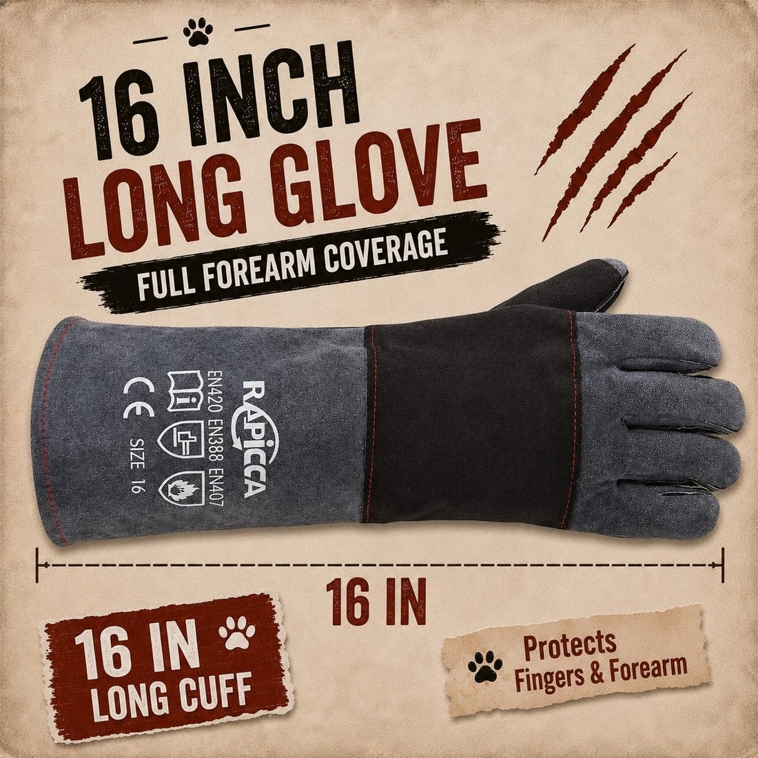 RAPICCA Animal Handling Gloves, Bite Proof Double Leather