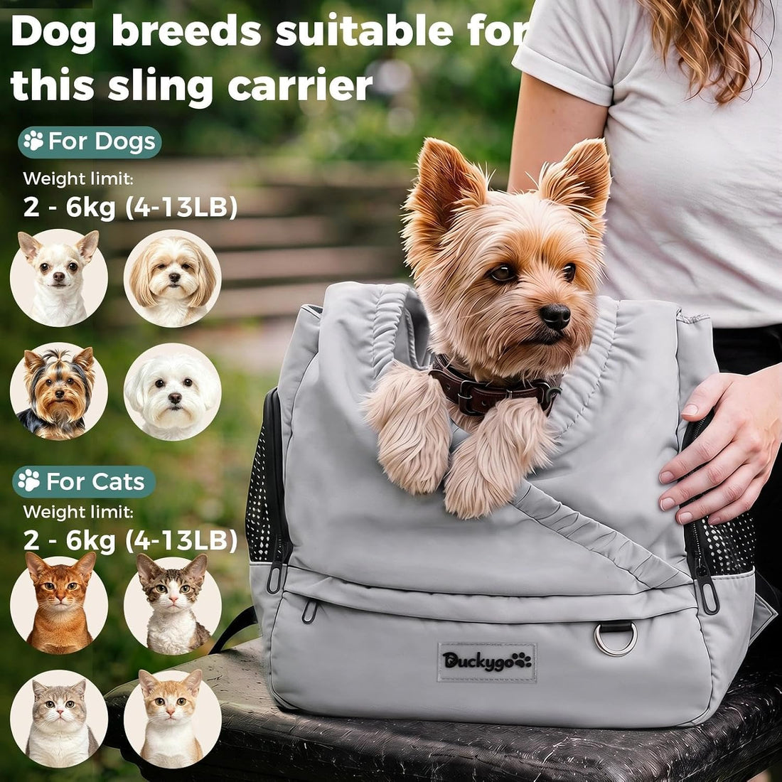 Small Dog Sling Carrier, Hands-Free, Gray, 4-13Lbs