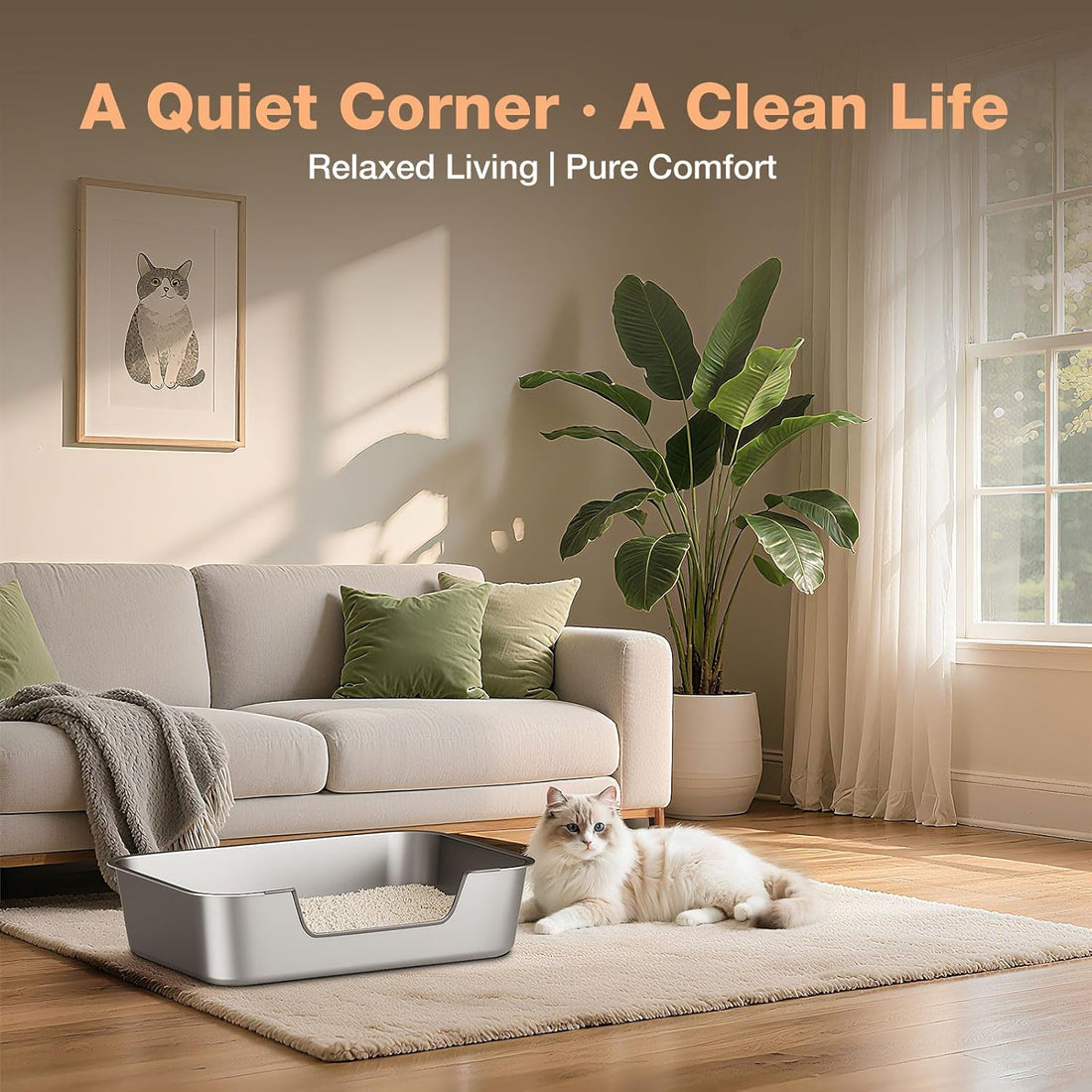 Qiuma Stainless Steel Cat Litter Box with Low Entry