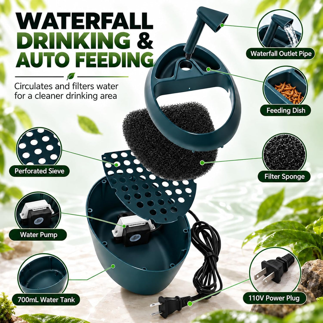 700ml Reptile Waterfall Fountain with Feeder Bowl