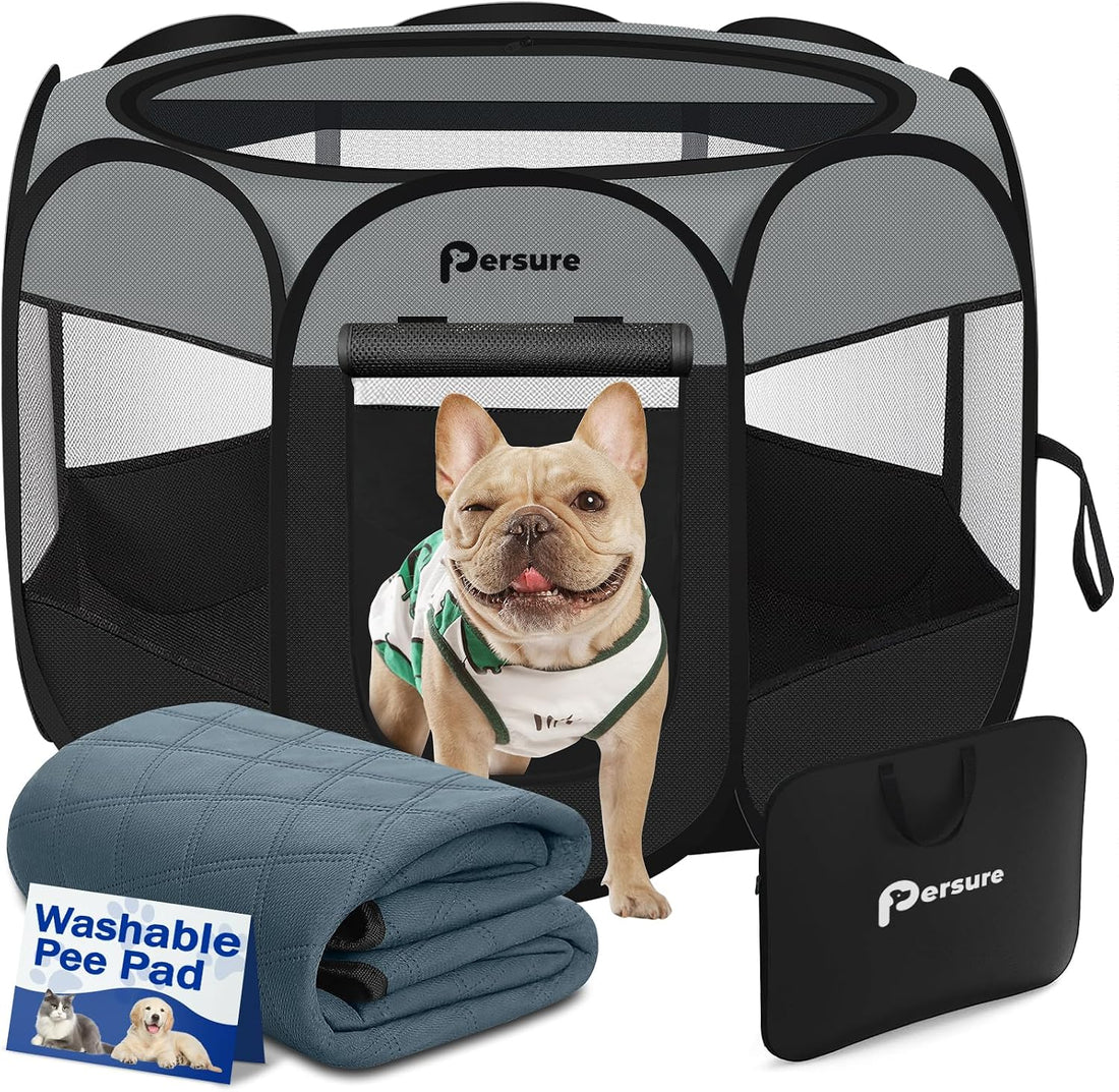Persure Cat Dog Playpen Tent Crate Cage with Pee Pad, Dark Grey