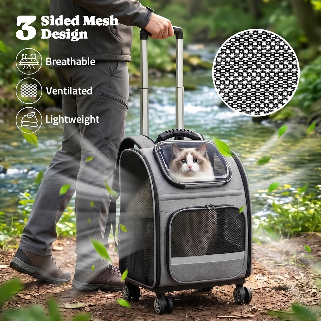 Pawtners Rolling Cat Carrier Backpack with Wheels for Cats Small Dogs