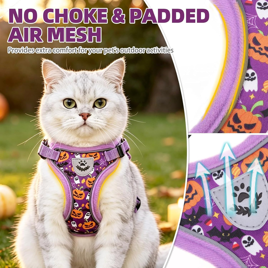 PUPTECK Halloween Cat Harness and Leash Set Escape Proof Reflective
