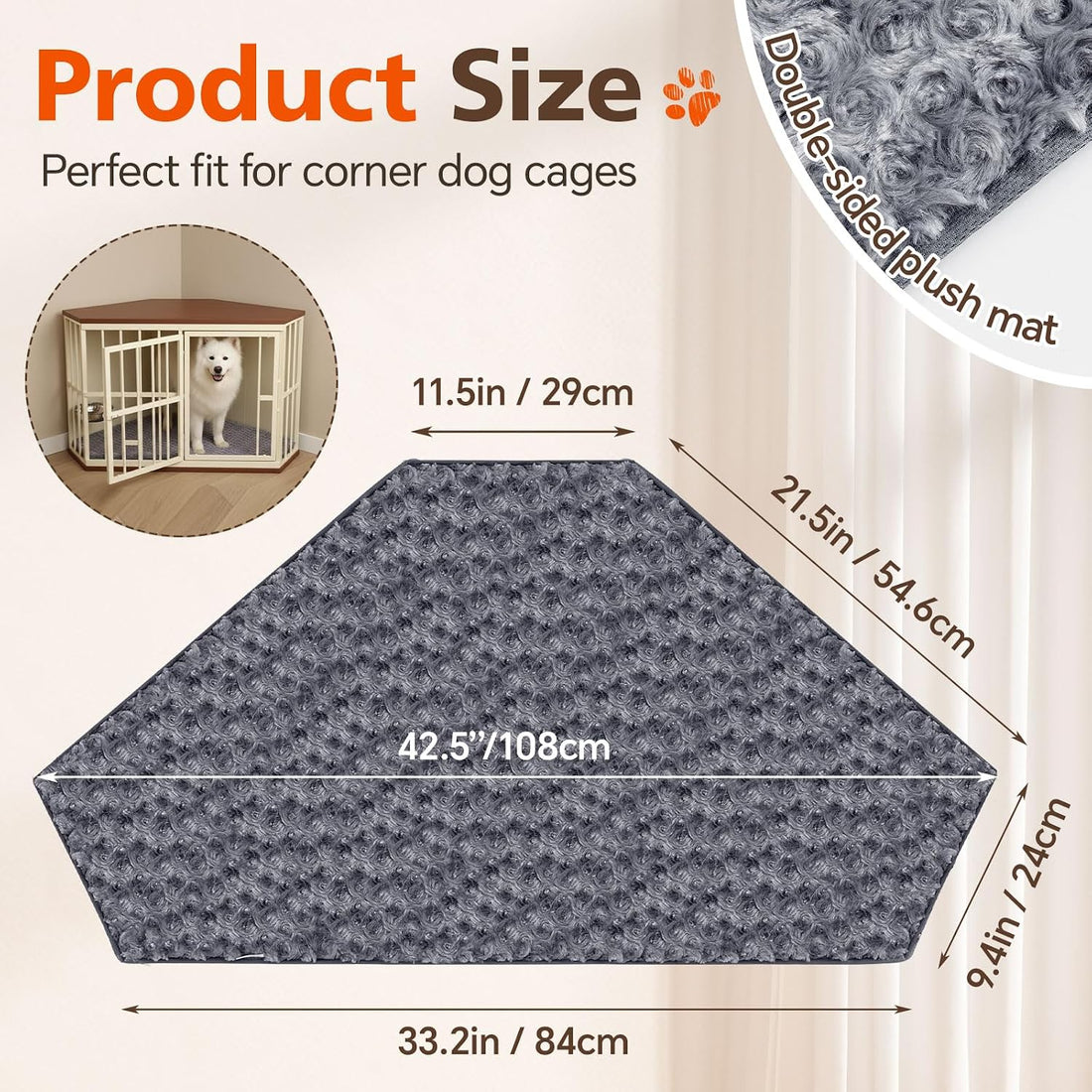 Hahafelt Corner Dog Crate Bed Large 42.5x23.8" Furniture Pad Gray