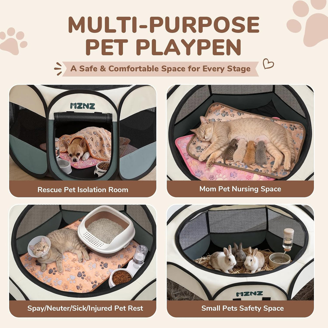 Dog Cat Small Animal Puppy Playpen Crate with 3 Blankets, Small, Grey