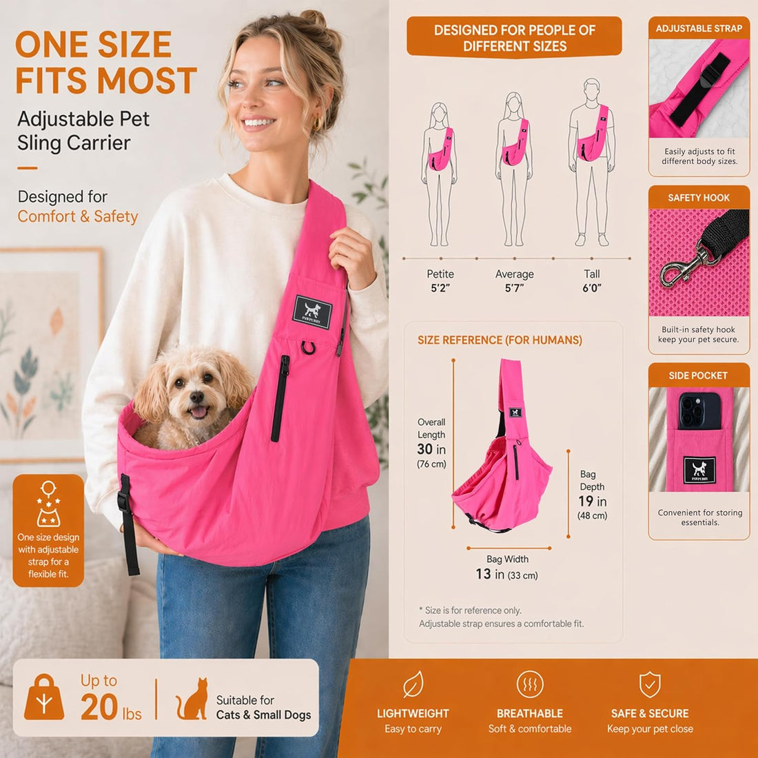 Dog Sling Carrier for Small Dogs & Cats 5-20 lbs, Adjustable Depth