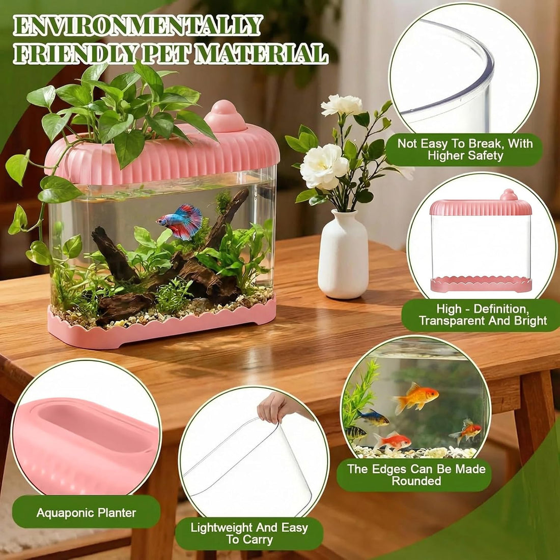 Geelin Pink 2 Gallon Plastic Fish Tank Shatterproof Betta Aquarium