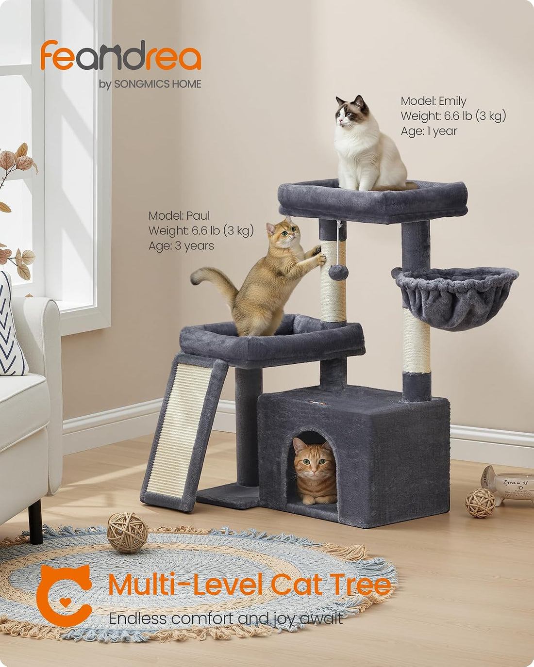 Feandrea Cat Tree, 33.8" Cat Tower, Scratching Posts and Ramp