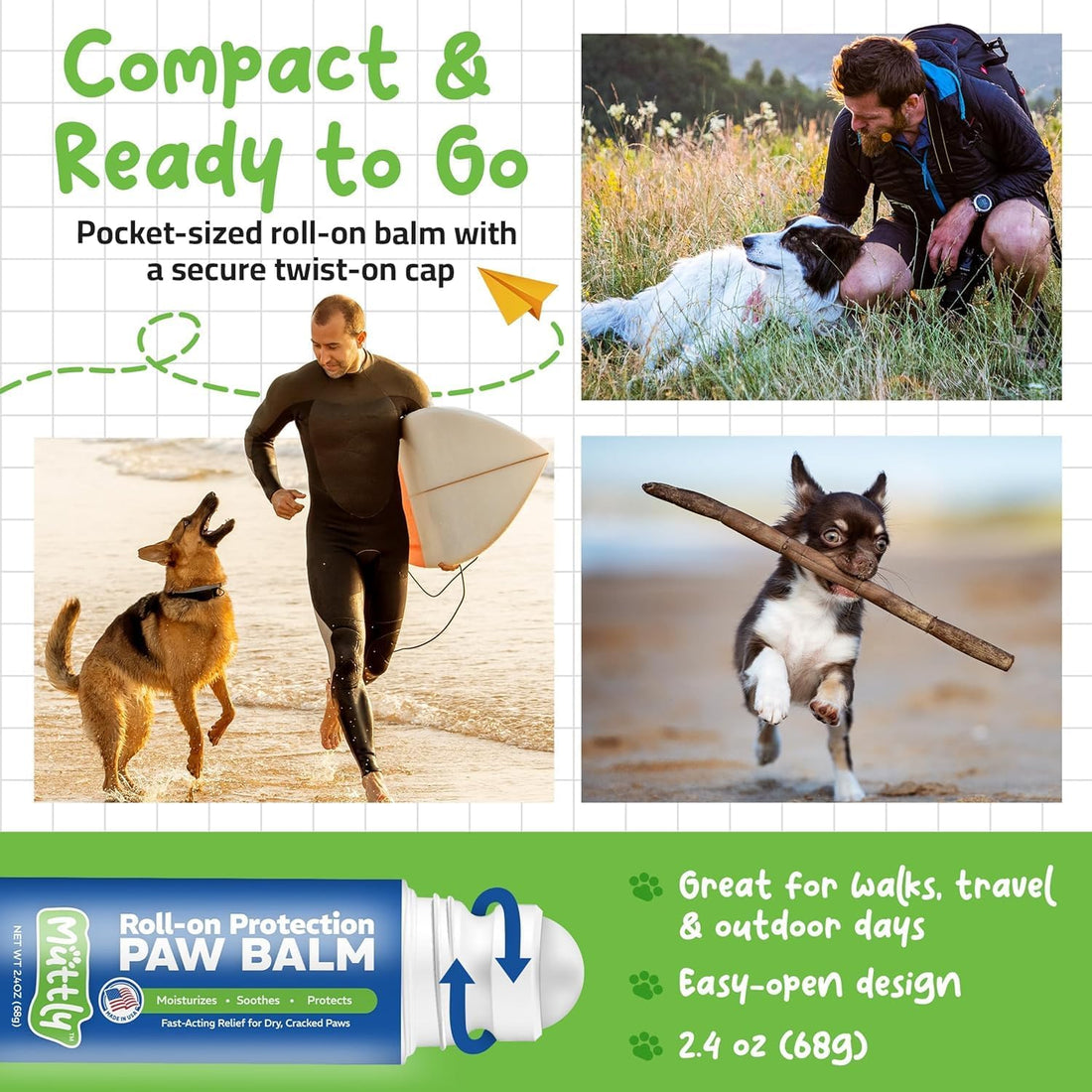 Roll-On Dog Paw Balm - Moisturizer & Soothing Protection from Snow
