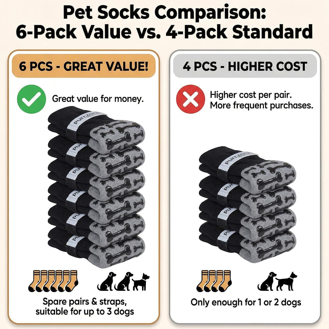 Non-Slip Dog Socks with Bone Paw Grips, 6 Pairs, Grey, L