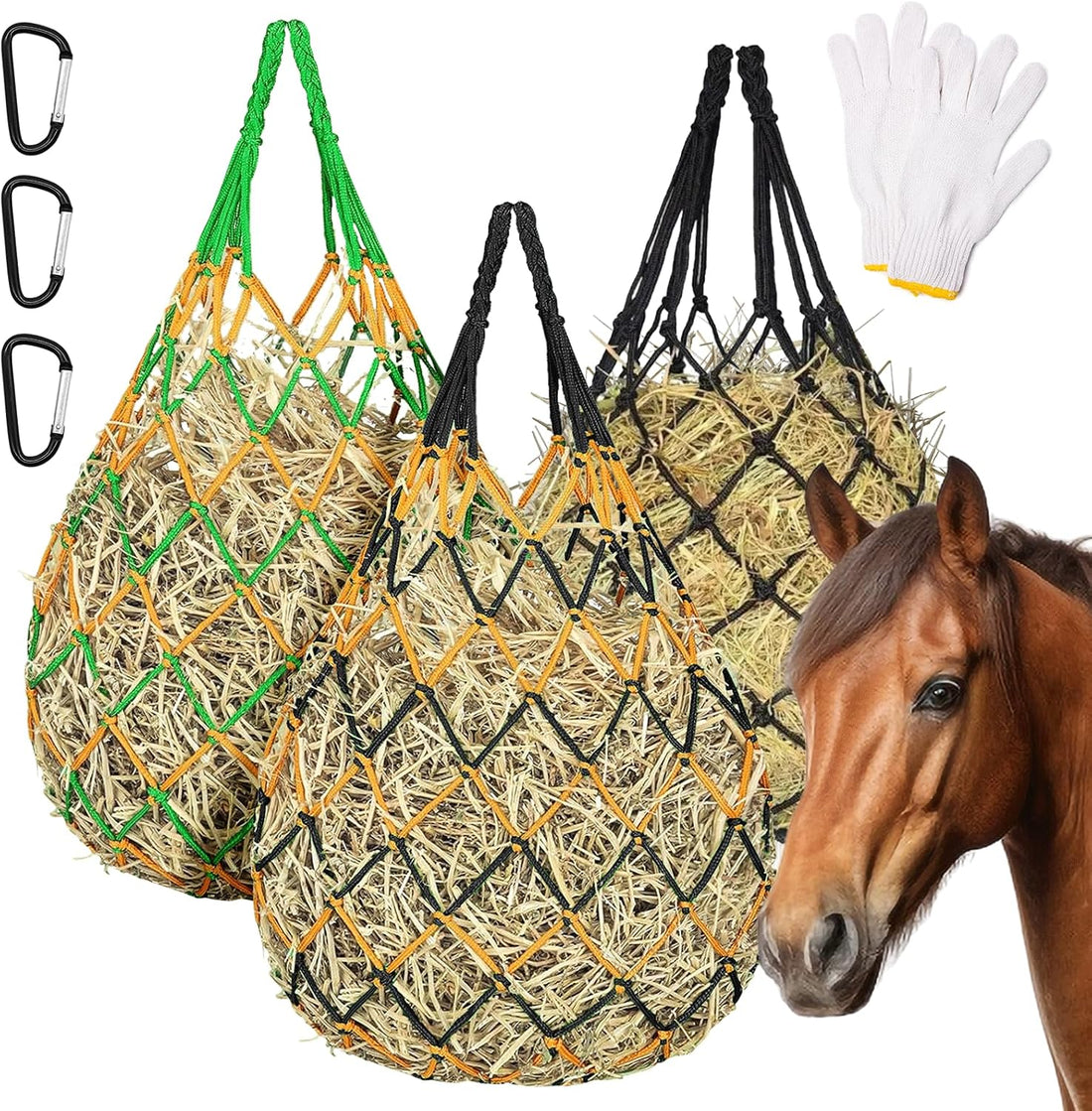 Slow Feed Hay Nets 3 Pack 40-Inch Durable Mesh Hay Bags Feeder