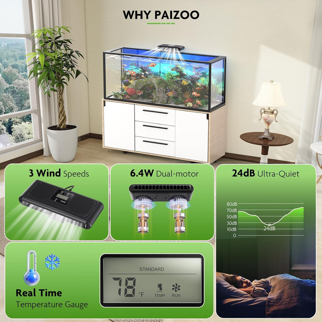 PAIZOO Aquarium Chiller Fan, Auto Temp Control Water Cooler with Temp