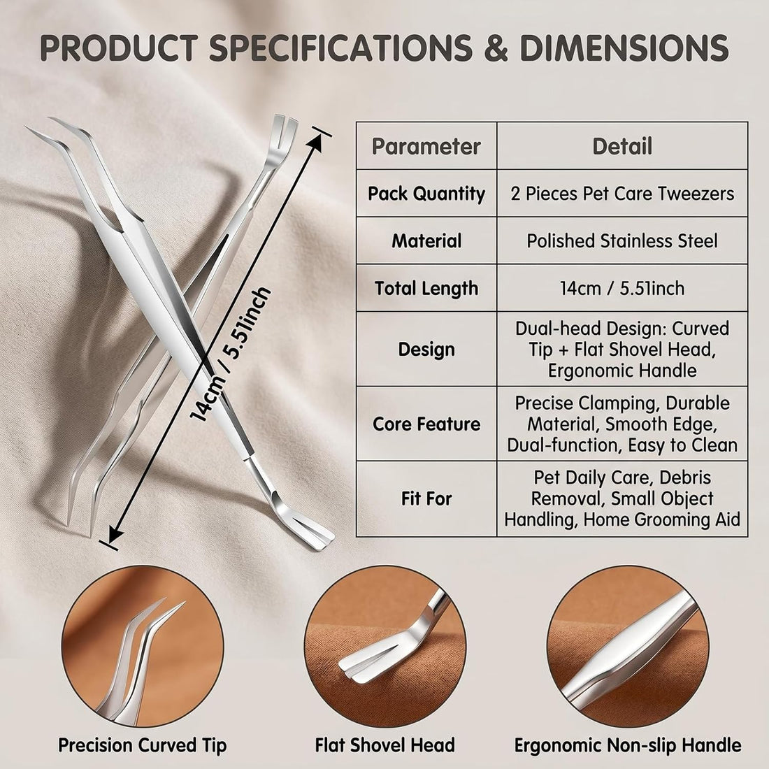 2 Pcs Stainless Steel Pet Tick Tweezer