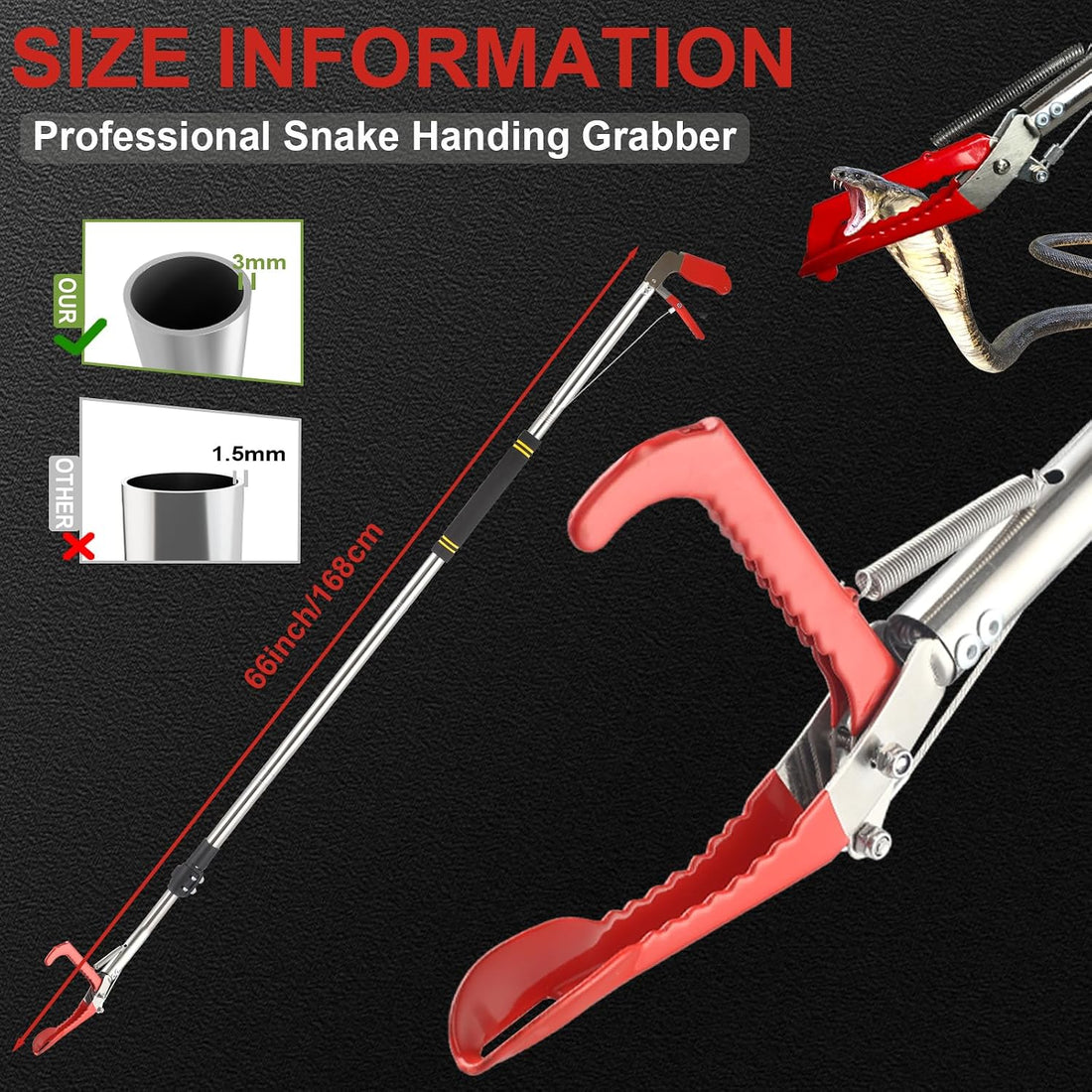Snake Tong Reptile Grabber, 66 Inch Snake Clamping Tool for Safe