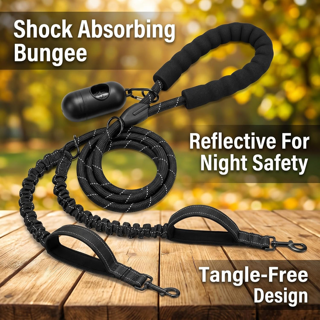 Double Dog Leash, Reflective Shock Absorbing Bungee for 2 Dogs