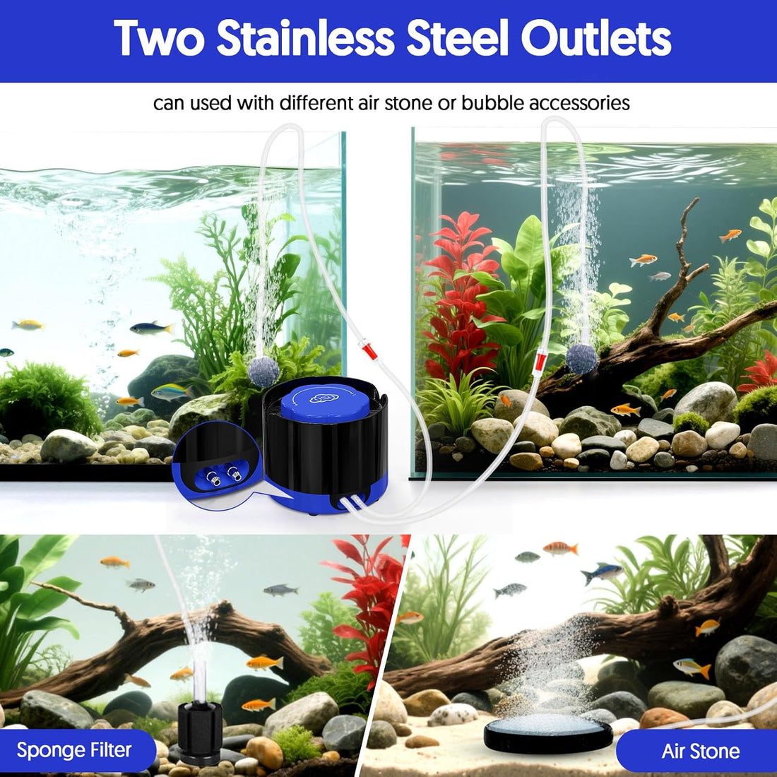 QZQ Aquarium Air Pump, Quiet Fish Tank Air Pump with Dual Outlets