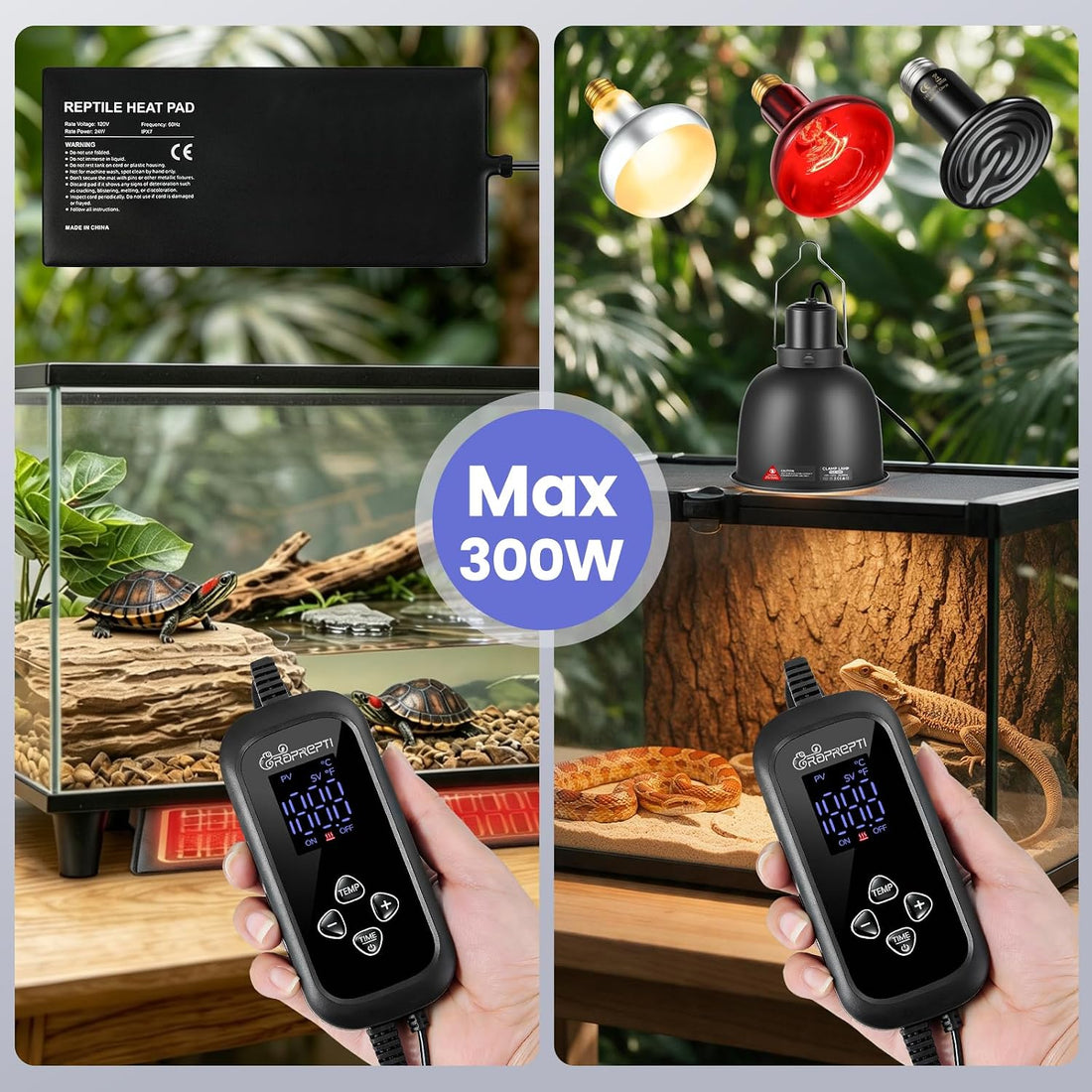 PID Dimming Thermostat for Reptiles with 1-24H Timer Setting