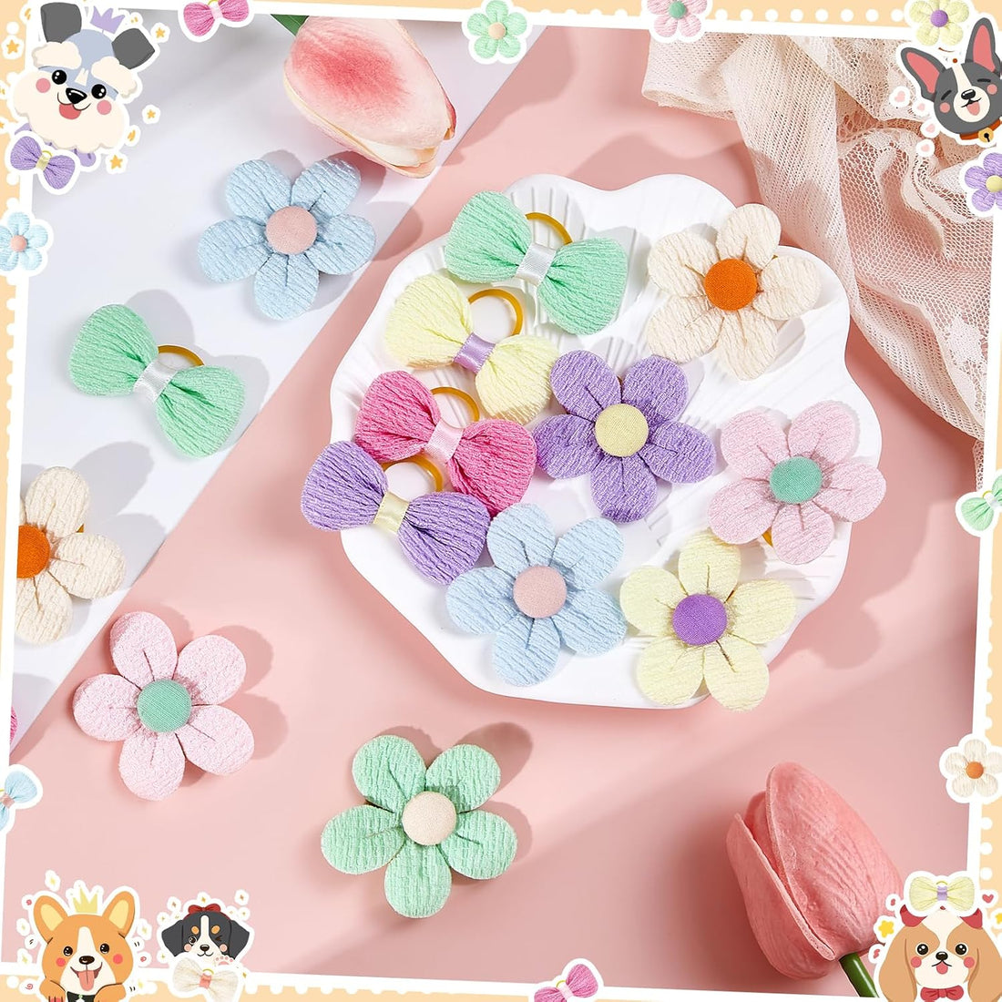 SUMMORO 24Pcs Cute Flower Dog Hair Bows with Rubber Bands Handmade
