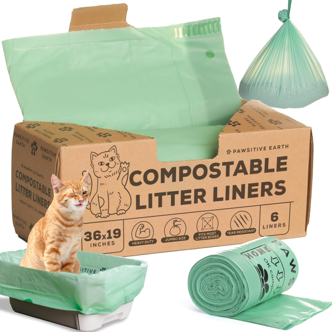 Cat Litter Box Liners 100% Compostable - Drawstring Close - 6 Count