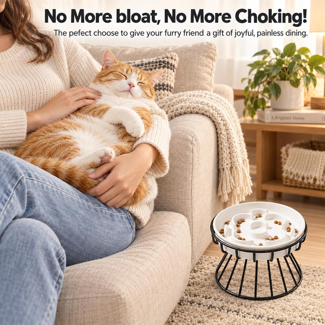 Raised Slow Feeder Cat Bowl - Ceramic Cat Slow Feeders with Stand