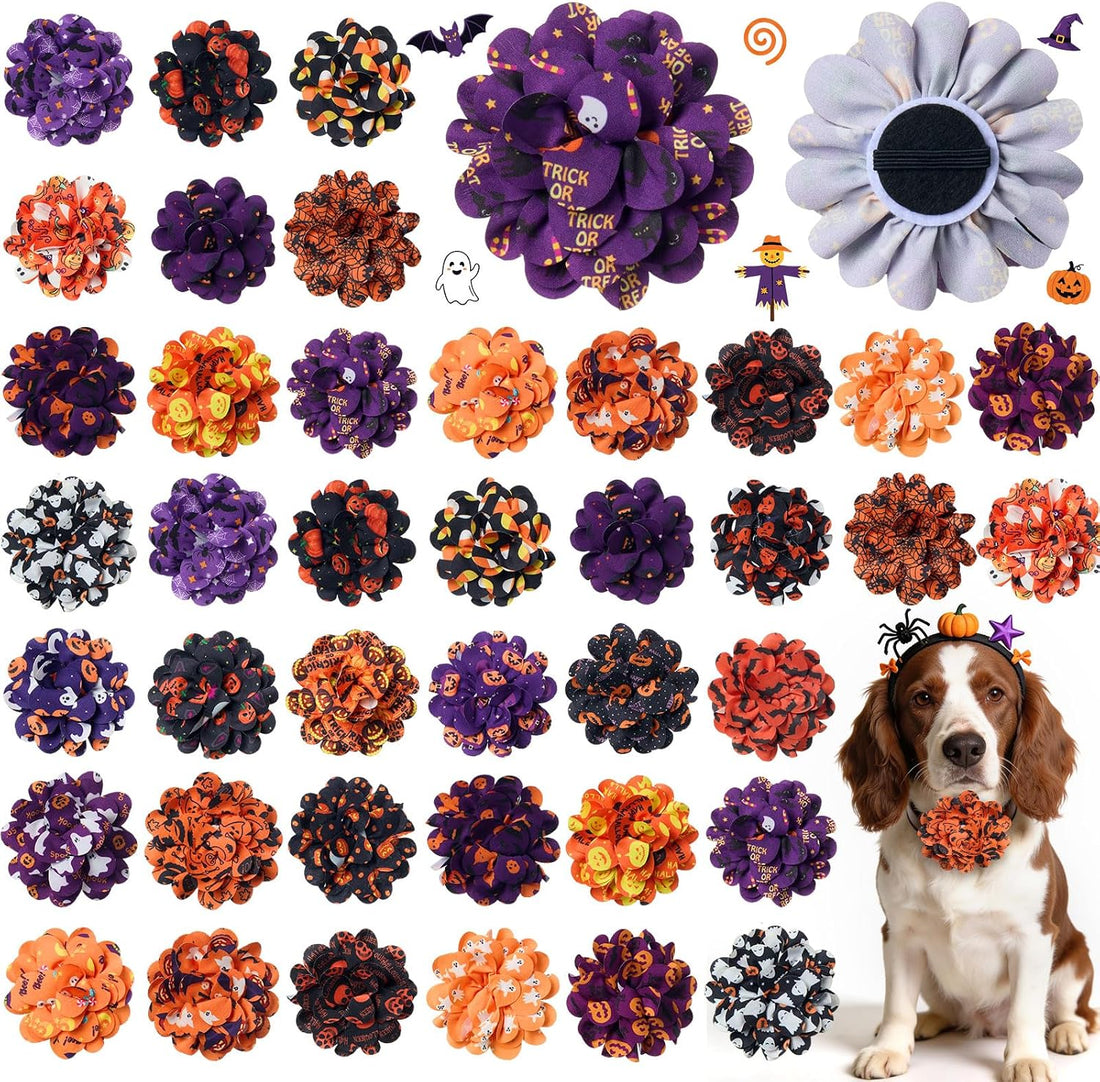 Dansydaisy 50 Pcs Halloween Dog Collar Flowers Bulk, Pumpkin Ghost Bat