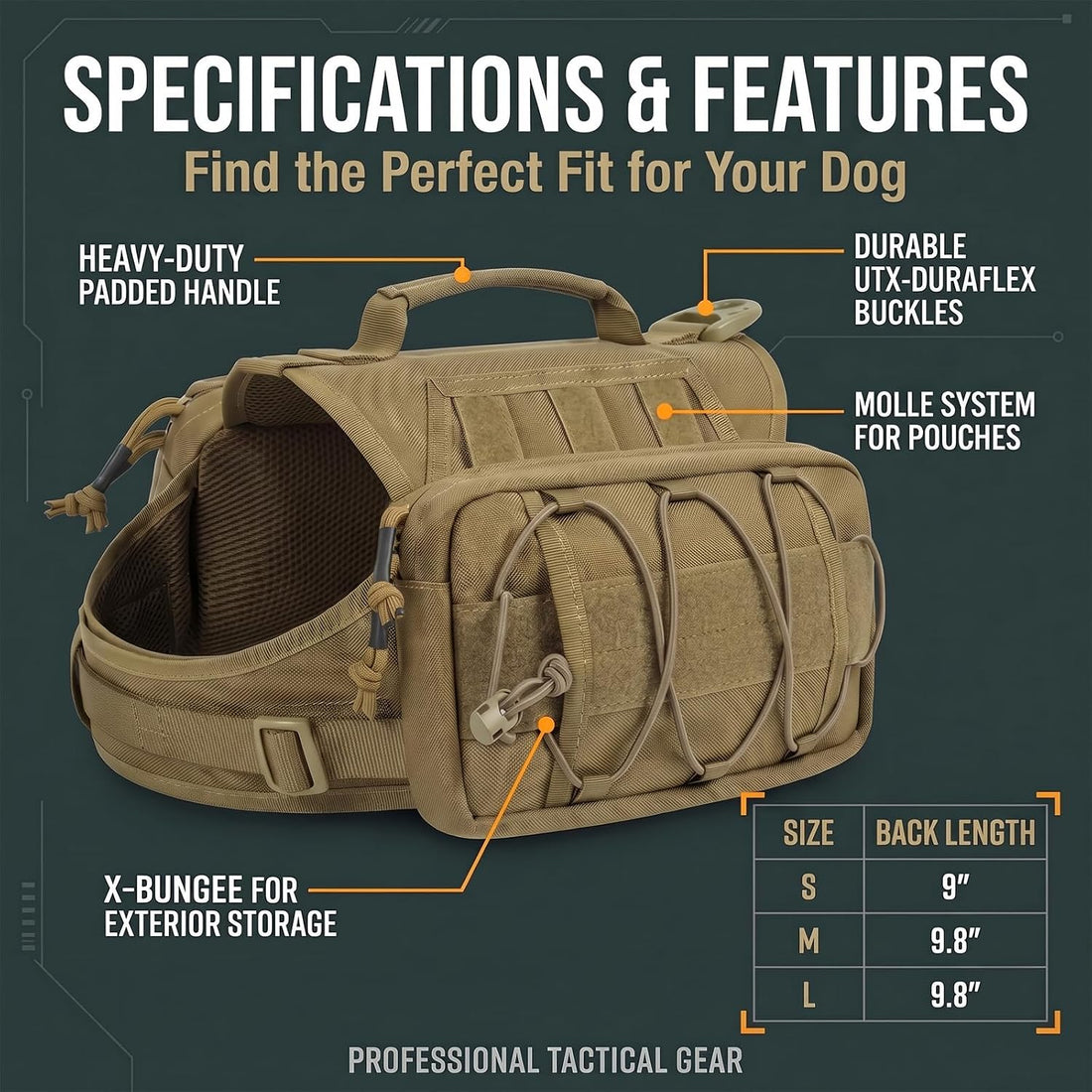 Tactical Dog Backpack Harness with Side Pockets for Medium-Large Dogs