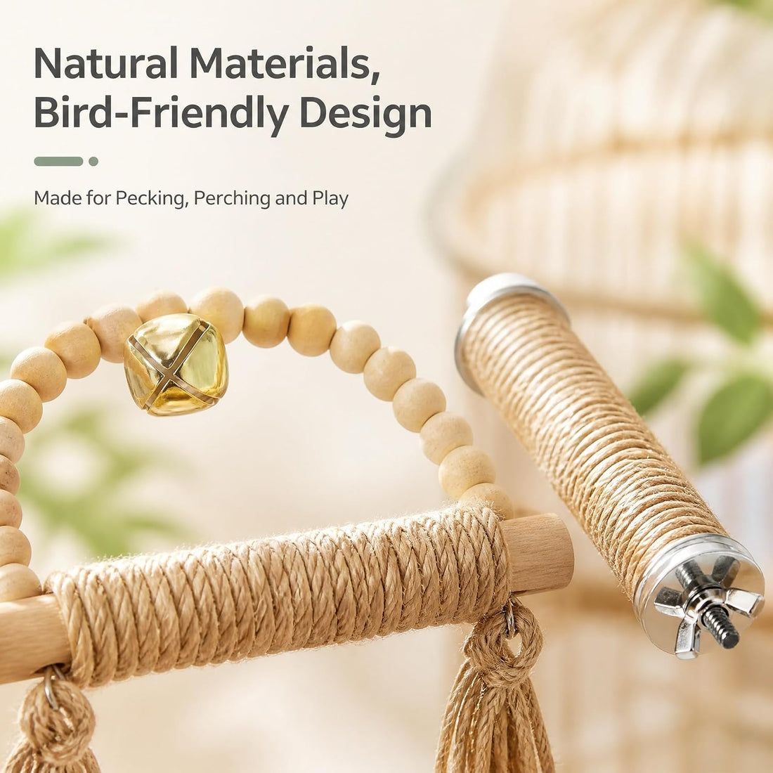 Natural Wood Bird Swing Toy with Hemp Rope Perch for Small Parrots