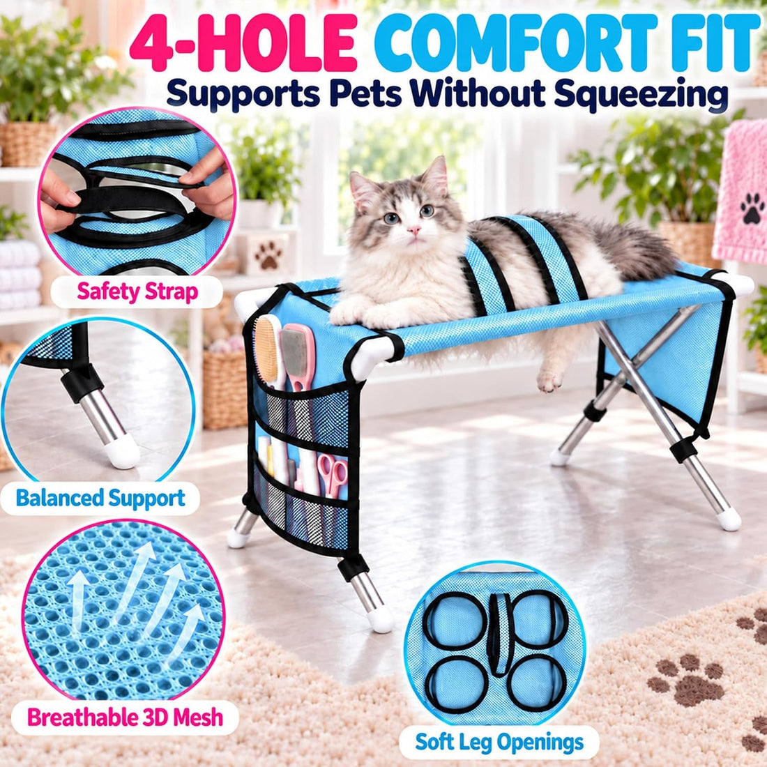 Dog Grooming Hammock with Stand, Foldable Pet Bathing Hammock for Cats