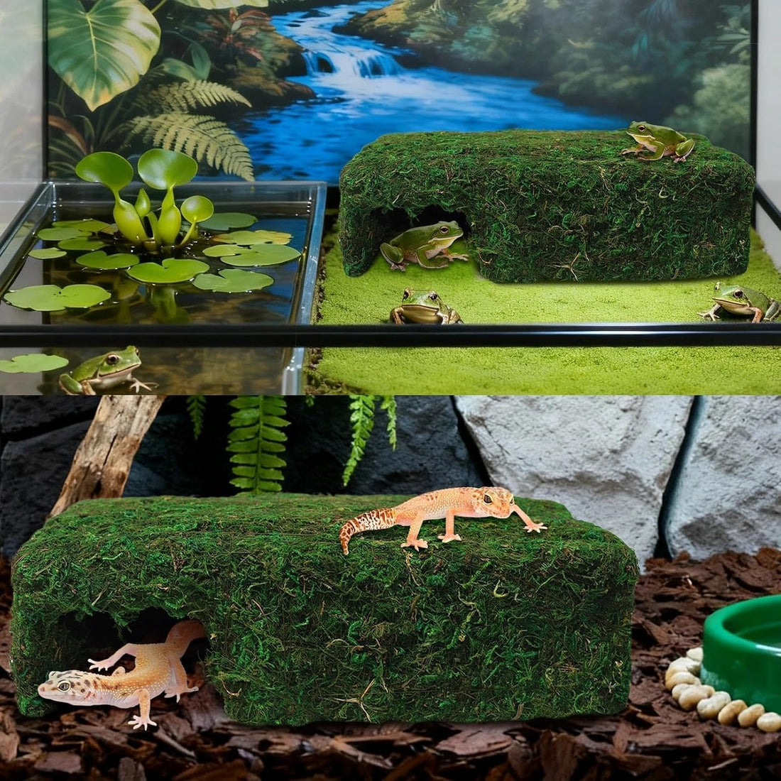 Mossy Cave Hide for Reptiles, Lizard Moss Hideout with Safe Shelter