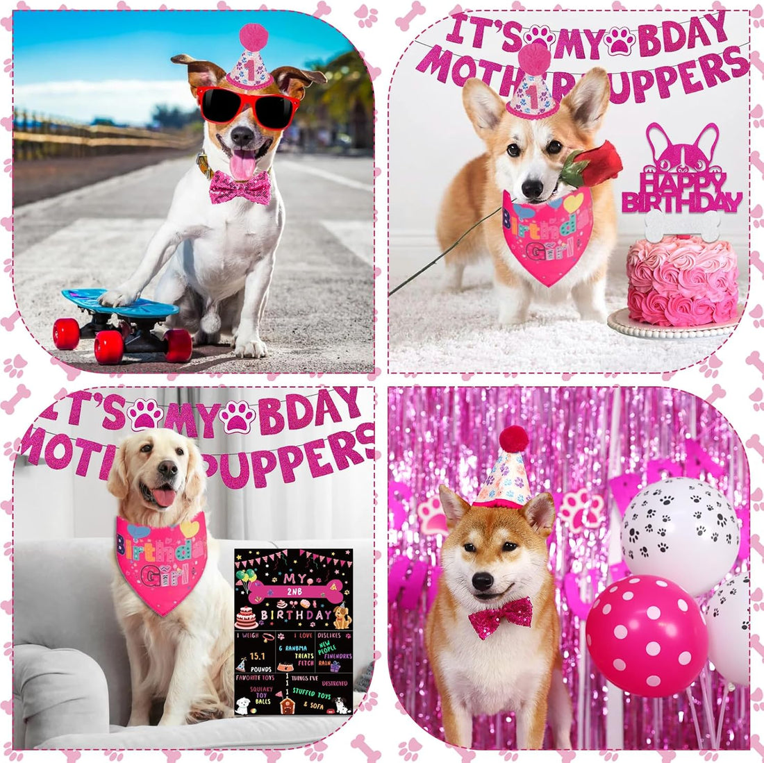 Hot-Pink Dog Birthday Party Supplies Pet Birthday Bandanas Girl Doggy