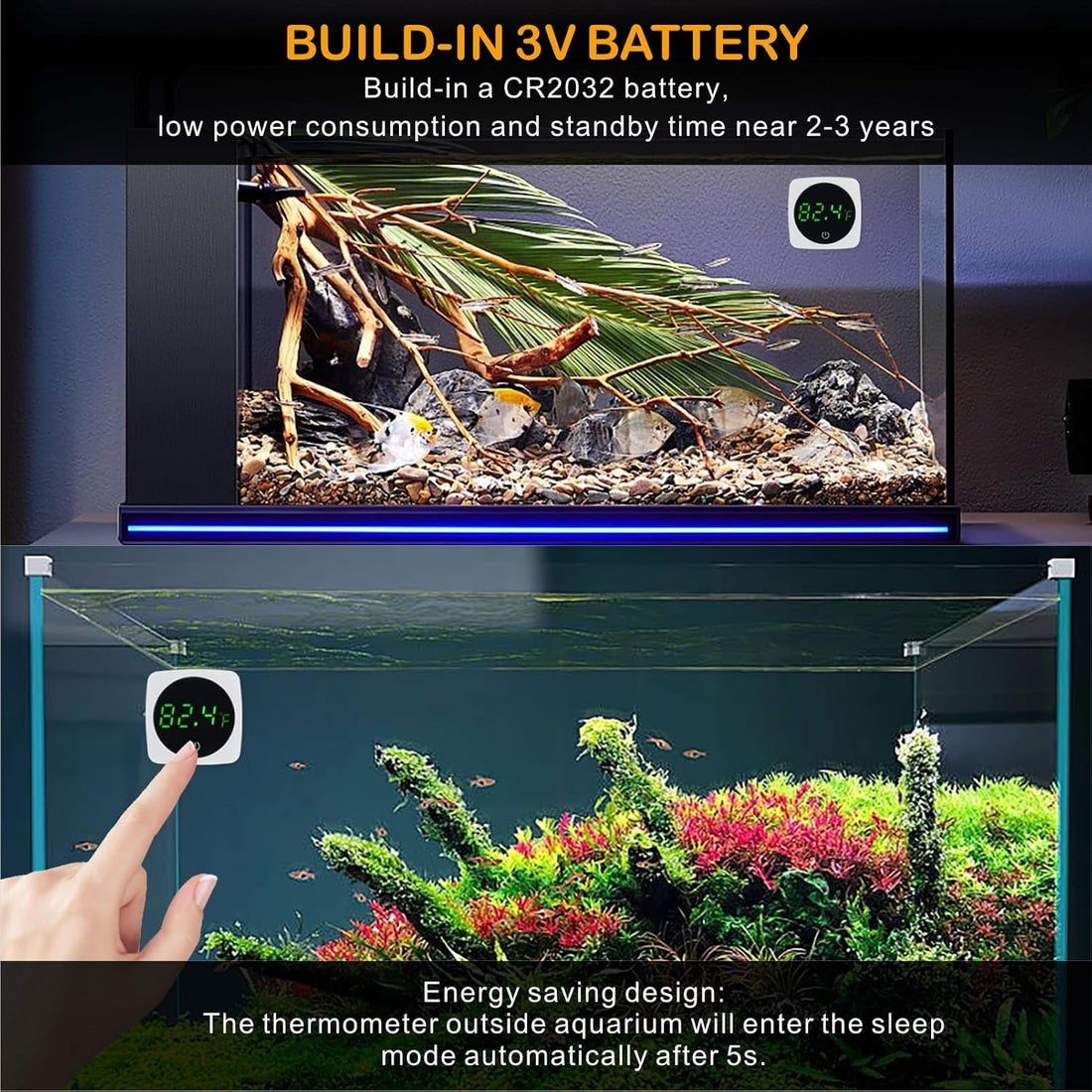 Aquarium Thermometer w/LED Touch ±0.9°F Stick On Fish Tank Betta