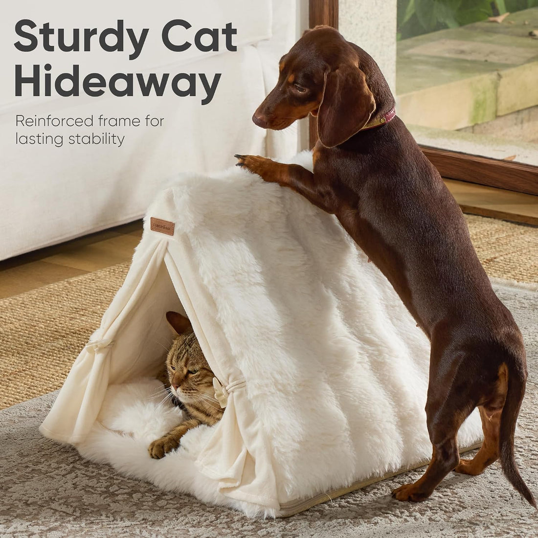 FUKUMARU Cat Cave Bed, Sturdy Frame Washable Cat Tent Bed with Curtain