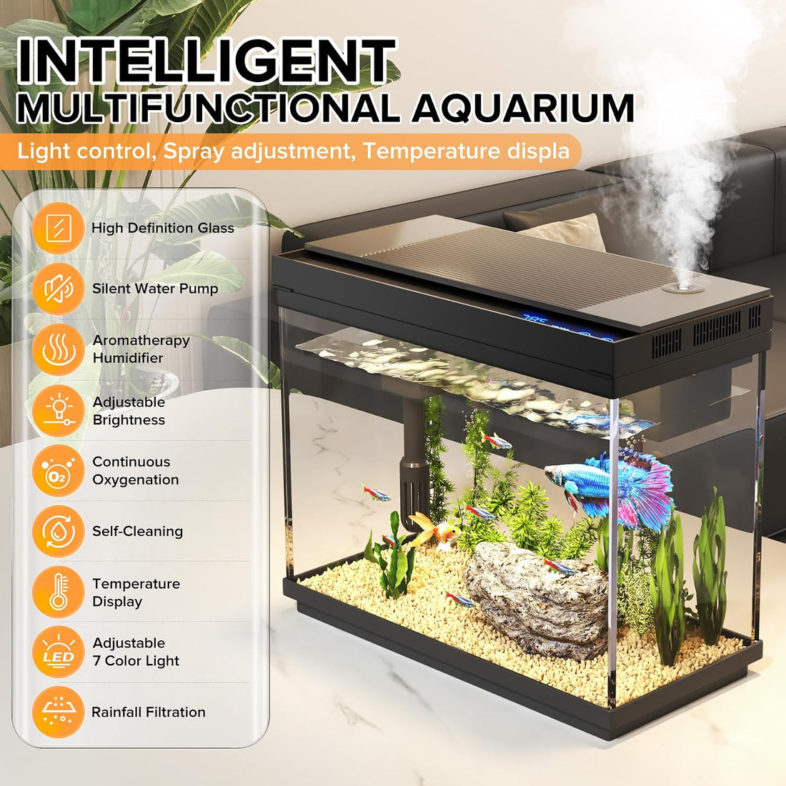 Vehipa Fish Tank, 2.4-Gallon Aquarium Starter Kit with 3-in-1 Quiet