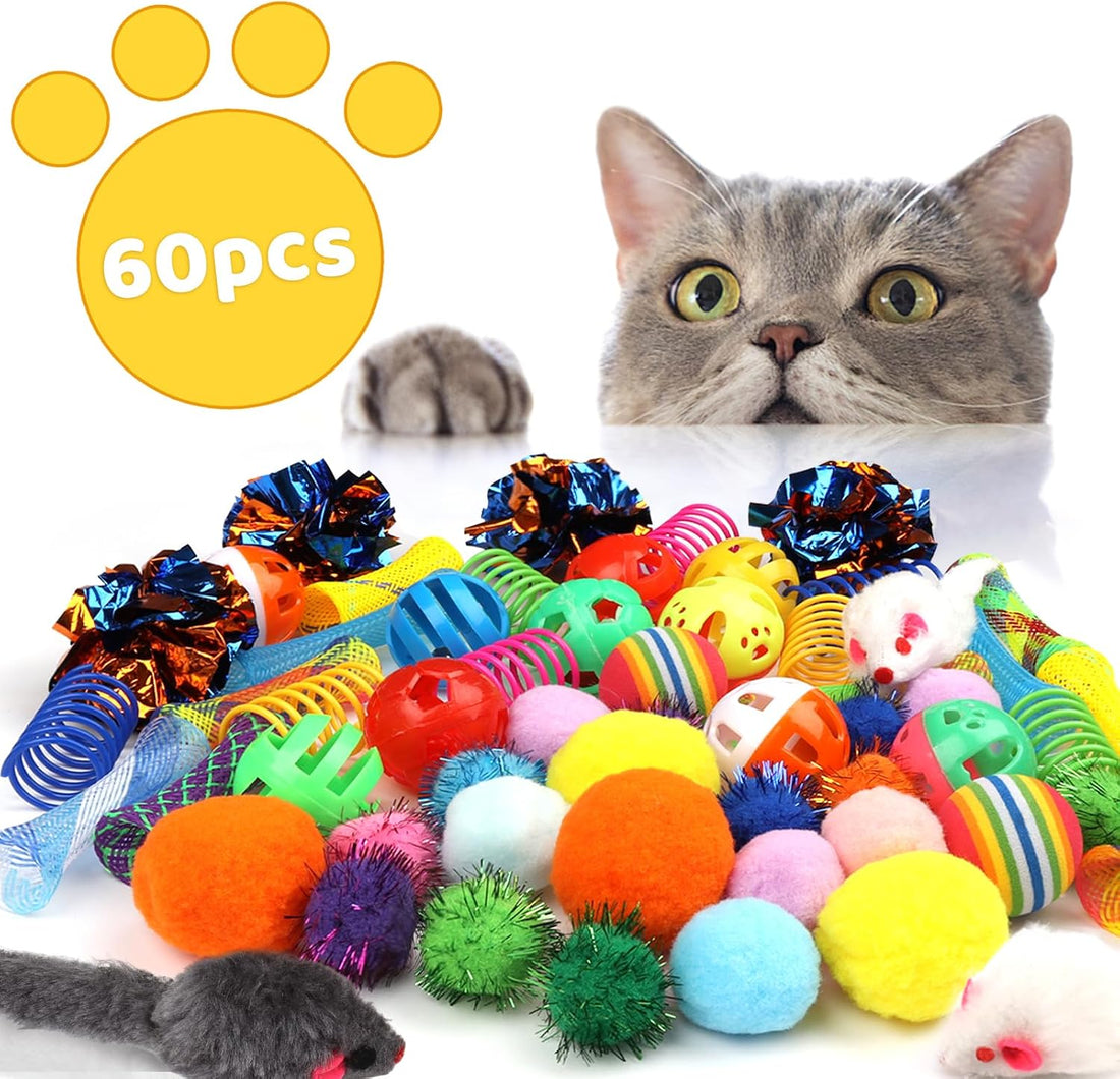 QUOZUO Kitten Toys, 60PCS Cat Balls Springs Toy Set, Cat Mouse Toy