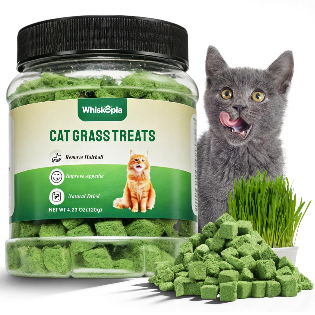 Whiskopia 4.23oz Cat Grass Treats for Indoor Cats Freeze-Dried Cat