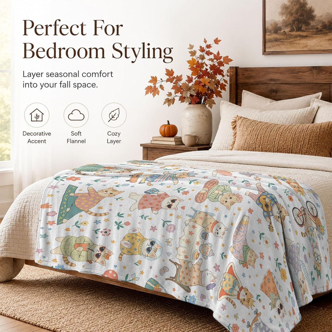 Fall Cute Sweater Cat Colorful Floral Throw Blanket 50 x 60 Inch