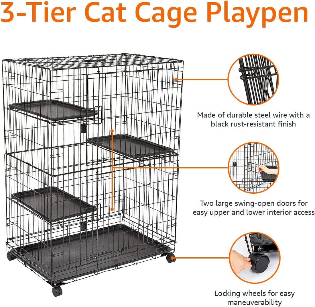 Large 3-Tier Cat Cage Playpen with Easy to Clean Removable Tray