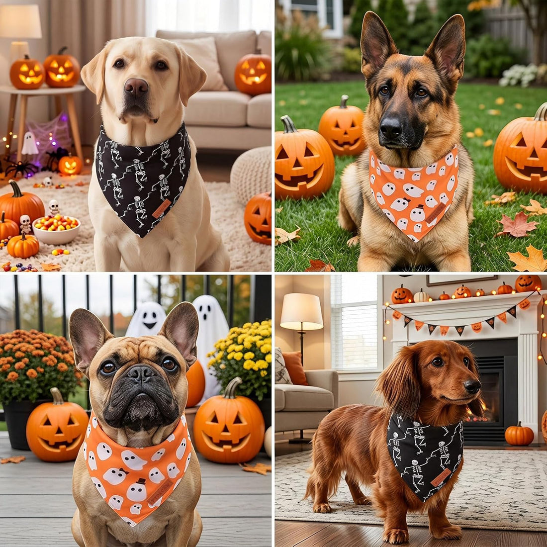PTDECOR Halloween Dog Bandanas, Classic Skeleton Ghost Pet Scarf