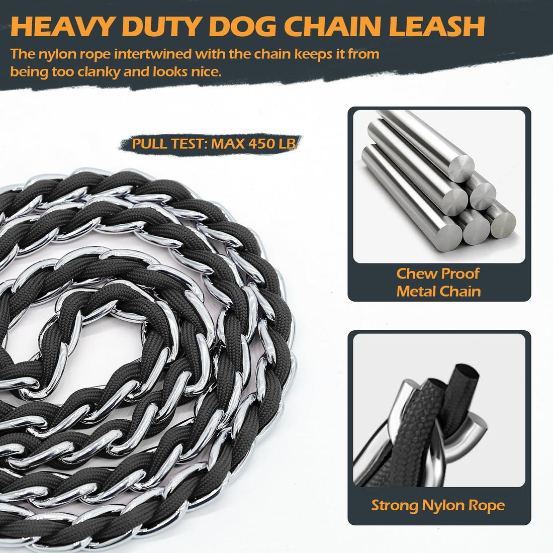 Chain Dog Leash, Bite-Proof Metal Leash, with Padded Handle
