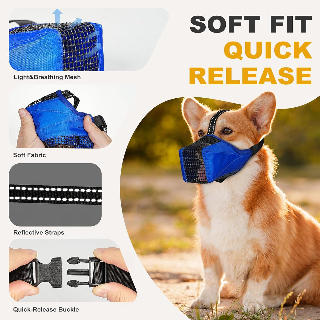 Dog Muzzle, Adjustable Soft Mesh Muzzle Anti-Biting, Chewing