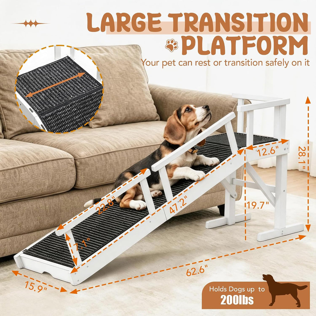 62" Wooden Dog Ramp for Bed & Couch, Pet Ramp with Platform White