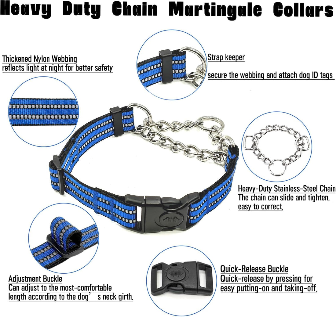 Martingale Collar for Dogs with Chain, Nylon Training Collars, Blue, M