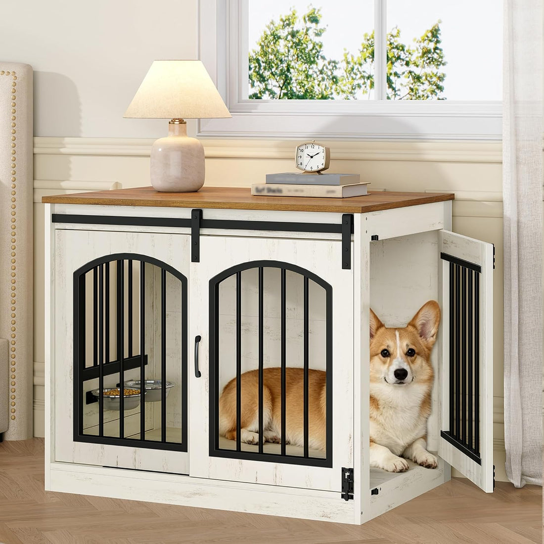 Hzuaneri 31.5 in Dog Crate Furniture Indoor Dog Kennel with 2 Feeding